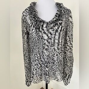TAHARI Sheer Pullover Scoop Neck Ruffle Animal Print Long Sleeve Blouse Feminine